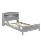 Lit en bois Twin Pine avec tête de lit bibliothèque et LED à détecteur de mouvement, barrières réglables, lit pour enfant