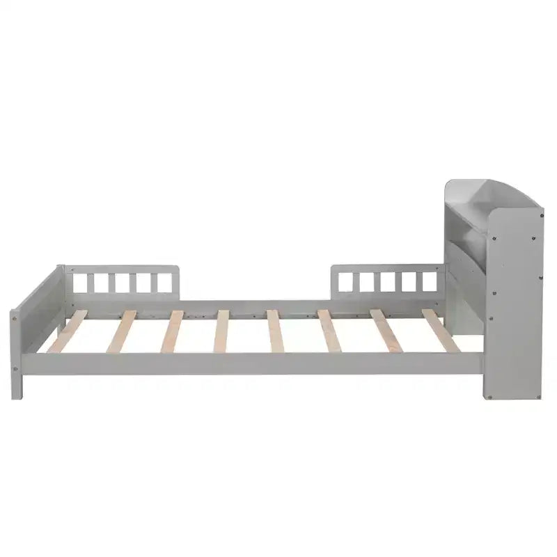 Lit en bois Twin Pine avec tête de lit bibliothèque et LED à détecteur de mouvement, barrières réglables, lit pour enfant
