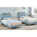 Lit avec tête de lit de rangement, plateforme de lit rembourrée en velours pour enfants, lattes en bois robustes, sans bruit, assemblage facile, aucun sommier tapissier requis.