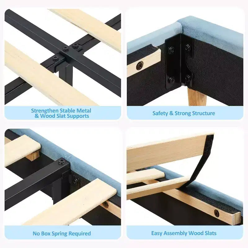 Lit avec tête de lit de rangement, plateforme de lit rembourrée en velours pour enfants, lattes en bois robustes, sans bruit, assemblage facile, aucun sommier tapissier requis.