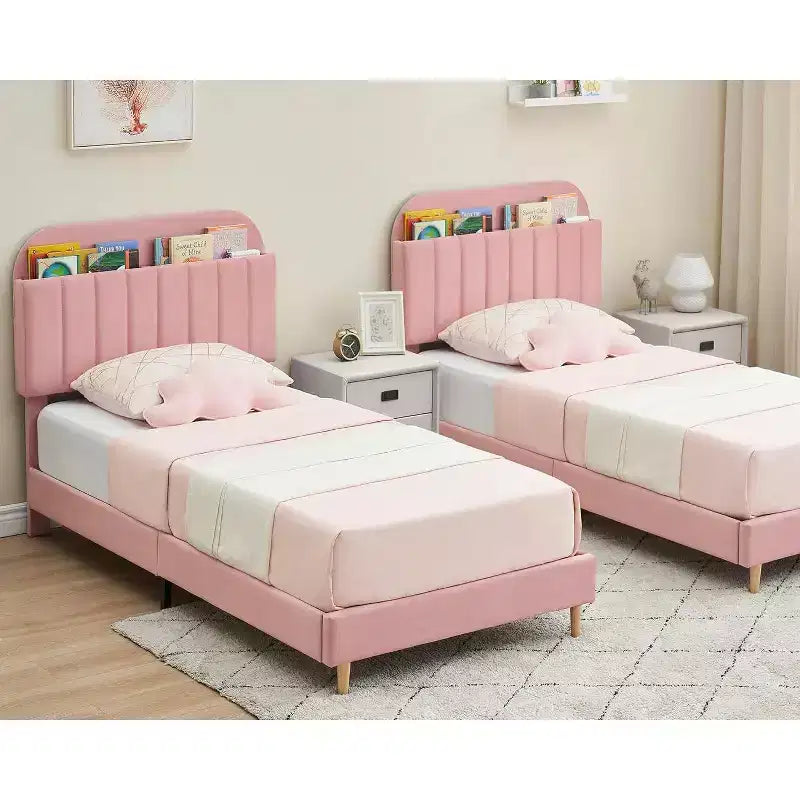 Lit avec tête de lit de rangement, plateforme de lit rembourrée en velours pour enfants, lattes en bois robustes, sans bruit, assemblage facile, aucun sommier tapissier requis.