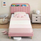 Lit avec tête de lit de rangement, plateforme de lit rembourrée en velours pour enfants, lattes en bois robustes, sans bruit, assemblage facile, aucun sommier tapissier requis.