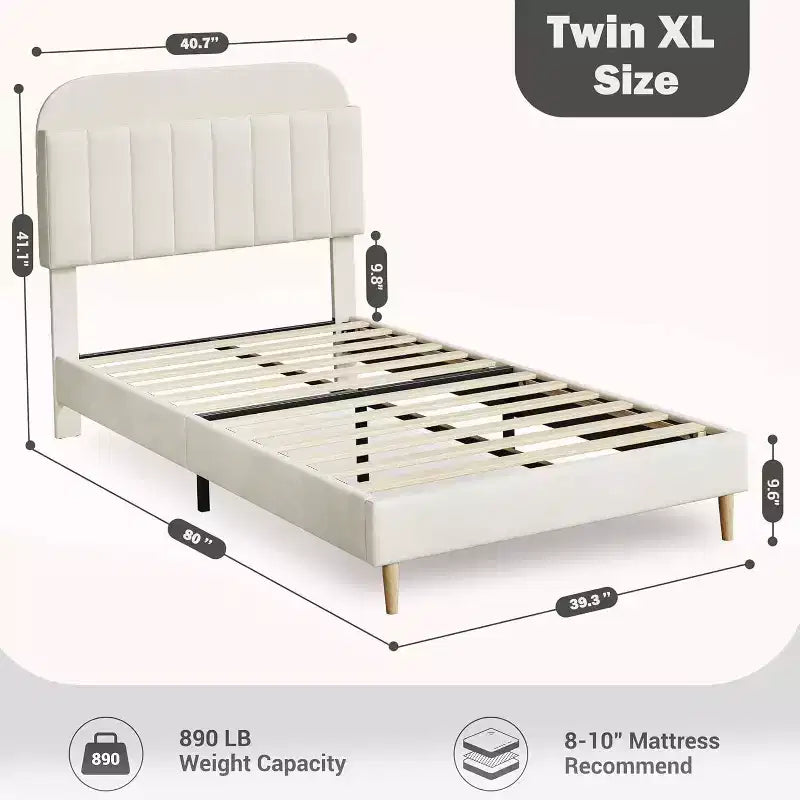 Lit avec tête de lit de rangement, plateforme de lit rembourrée en velours pour enfants, lattes en bois robustes, sans bruit, assemblage facile, aucun sommier tapissier requis.