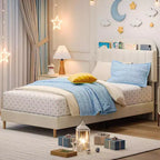 Lit avec tête de lit de rangement, plateforme de lit rembourrée en velours pour enfants, lattes en bois robustes, sans bruit, assemblage facile, aucun sommier tapissier requis.