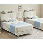 Lit avec tête de lit de rangement, plateforme de lit rembourrée en velours pour enfants, lattes en bois robustes, sans bruit, assemblage facile, aucun sommier tapissier requis.