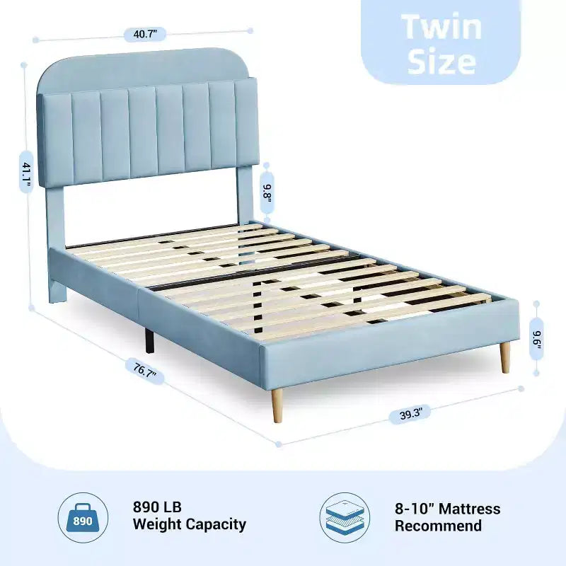 Lit avec tête de lit de rangement, plateforme de lit rembourrée en velours pour enfants, lattes en bois robustes, sans bruit, assemblage facile, aucun sommier tapissier requis.