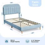 Lit avec tête de lit de rangement, plateforme de lit rembourrée en velours pour enfants, lattes en bois robustes, sans bruit, assemblage facile, aucun sommier tapissier requis.