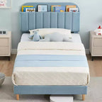 Lit avec tête de lit de rangement, plateforme de lit rembourrée en velours pour enfants, lattes en bois robustes, sans bruit, assemblage facile, aucun sommier tapissier requis.