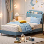 Lit avec tête de lit de rangement, plateforme de lit rembourrée en velours pour enfants, lattes en bois robustes, sans bruit, assemblage facile, aucun sommier tapissier requis.
