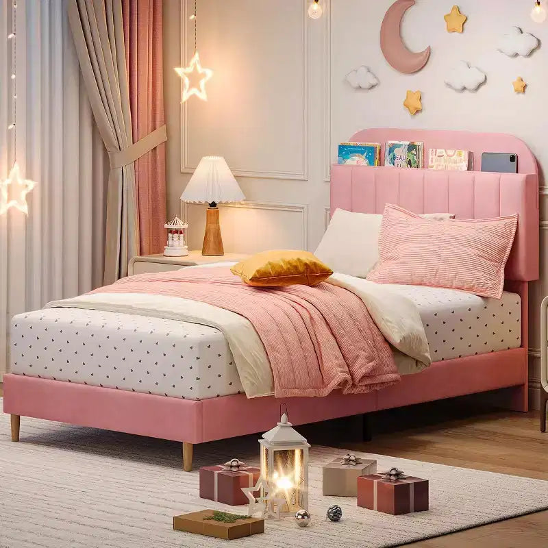 Lit avec tête de lit de rangement, plateforme de lit rembourrée en velours pour enfants, lattes en bois robustes, sans bruit, assemblage facile, aucun sommier tapissier requis.