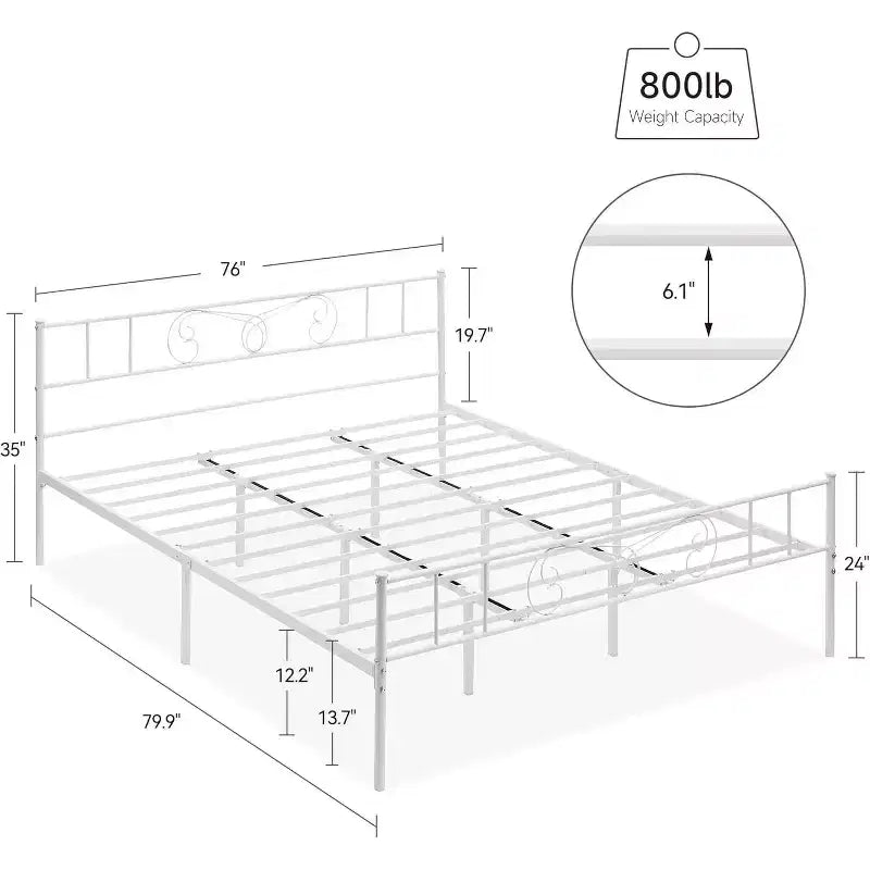 Cadres de lit plateforme en métal King Size, tête et pied de lit en fer forgé, lattes en acier, rangement sous le lit, silencieux, aucun sommier tapissier requis, noir