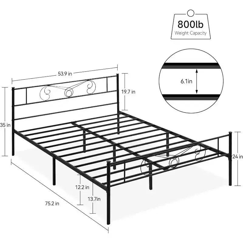 Cadres de lit plateforme en métal King Size, tête et pied de lit en fer forgé, lattes en acier, rangement sous le lit, silencieux, aucun sommier tapissier requis, noir