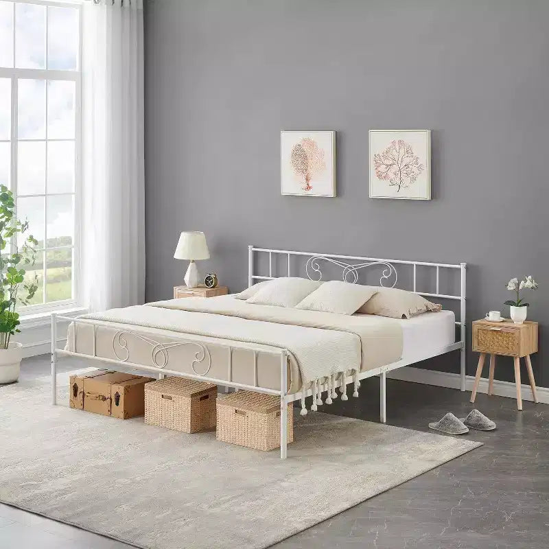 Cadres de lit plateforme en métal King Size, tête et pied de lit en fer forgé, lattes en acier, rangement sous le lit, silencieux, aucun sommier tapissier requis, noir