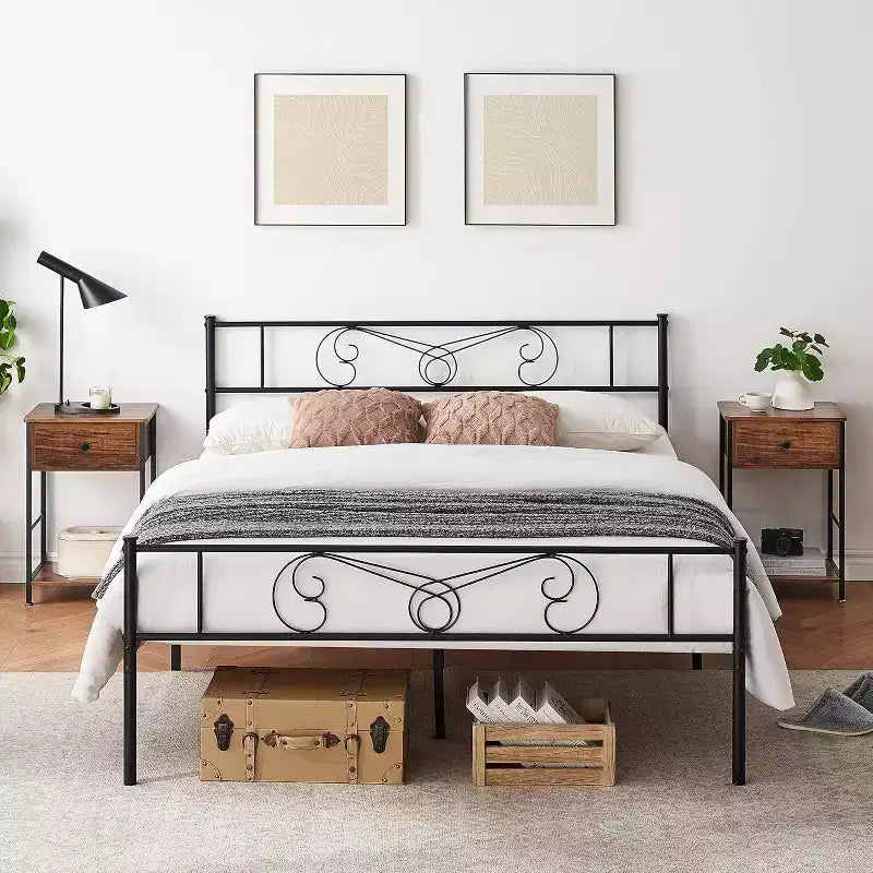 Cadres de lit plateforme en métal King Size, tête et pied de lit en fer forgé, lattes en acier, rangement sous le lit, silencieux, aucun sommier tapissier requis, noir