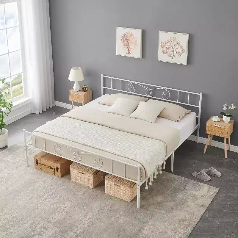 Cadres de lit plateforme en métal King Size, tête et pied de lit en fer forgé, lattes en acier, rangement sous le lit, silencieux, aucun sommier tapissier requis, noir