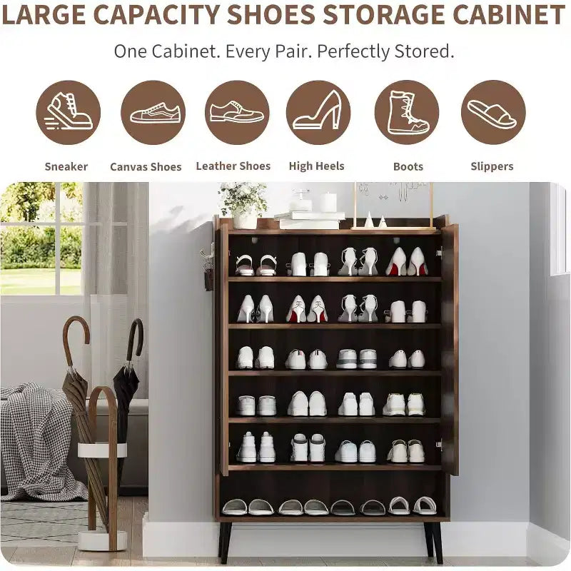 Grand meuble à chaussures avec portes, organisateur de chaussures à 6 niveaux avec 2 portes et crochets