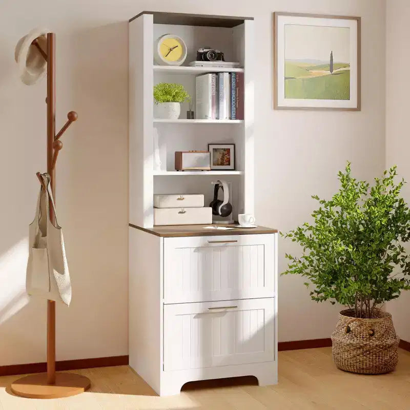 Bibliothèque de ferme 72 po avec 2 tiroirs pour dossiers - Armoire de rangement rustique en bois blanc, étagères réglables pour bureau/salon