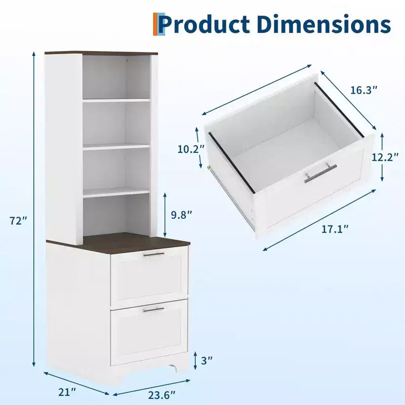 Bibliothèque de ferme 72 po avec 2 tiroirs pour dossiers - Armoire de rangement rustique en bois blanc, étagères réglables pour bureau/salon