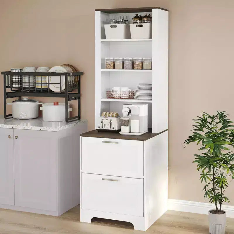 Bibliothèque de ferme 72 po avec 2 tiroirs pour dossiers - Armoire de rangement rustique en bois blanc, étagères réglables pour bureau/salon