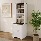 Bibliothèque de ferme 72 po avec 2 tiroirs pour dossiers - Armoire de rangement rustique en bois blanc, étagères réglables pour bureau/salon