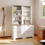 Bibliothèque de ferme 72 po avec 2 tiroirs pour dossiers - Armoire de rangement rustique en bois blanc, étagères réglables pour bureau/salon