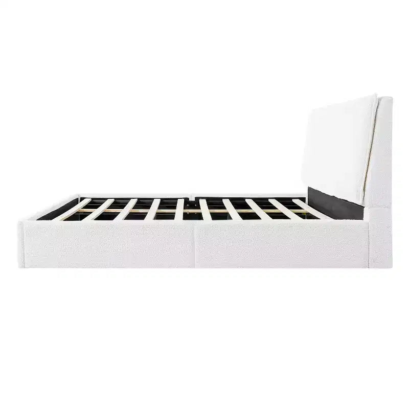 Lit plateforme ergonomique en bois d'hévéa rembourré en tissu bouclette, tête de lit incurvée