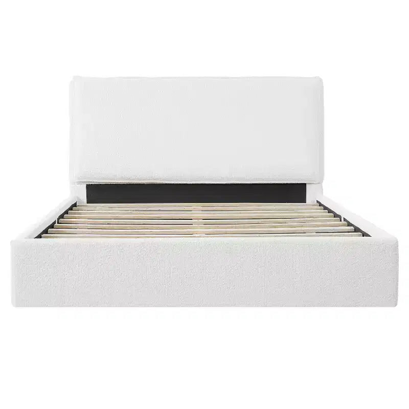 Lit plateforme ergonomique en bois d'hévéa rembourré en tissu bouclette, tête de lit incurvée