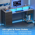 Bureau d'ordinateur gris de 47 pouces avec station de recharge, bureau de jeu réversible, lumières LED, 5 tiroirs en tissu, support d'écran, table d'écriture pour bureau à domicile