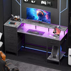 Bureau d'ordinateur gris de 47 pouces avec station de recharge, bureau de jeu réversible, lumières LED, 5 tiroirs en tissu, support d'écran, table d'écriture pour bureau à domicile