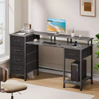 Bureau d'ordinateur gris de 47 pouces avec station de recharge, bureau de jeu réversible, lumières LED, 5 tiroirs en tissu, support d'écran, table d'écriture pour bureau à domicile