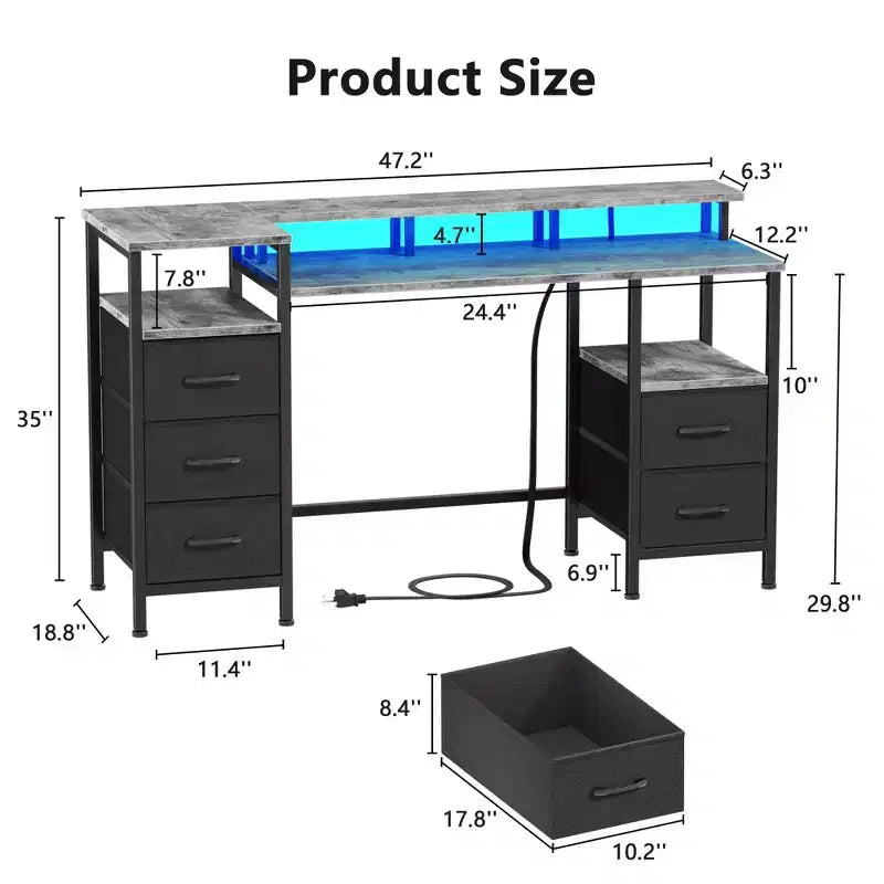 Bureau d'ordinateur gris de 47 pouces avec station de recharge, bureau de jeu réversible, lumières LED, 5 tiroirs en tissu, support d'écran, table d'écriture pour bureau à domicile