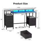 Bureau d'ordinateur gris de 47 pouces avec station de recharge, bureau de jeu réversible, lumières LED, 5 tiroirs en tissu, support d'écran, table d'écriture pour bureau à domicile