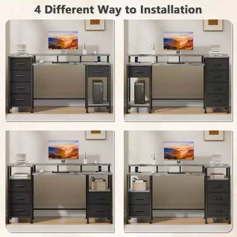 Bureau d'ordinateur gris de 47 pouces avec station de recharge, bureau de jeu réversible, lumières LED, 5 tiroirs en tissu, support d'écran, table d'écriture pour bureau à domicile