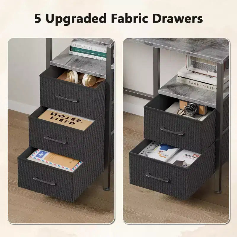 Bureau d'ordinateur gris de 47 pouces avec station de recharge, bureau de jeu réversible, lumières LED, 5 tiroirs en tissu, support d'écran, table d'écriture pour bureau à domicile
