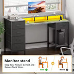 Bureau d'ordinateur gris de 47 pouces avec station de recharge, bureau de jeu réversible, lumières LED, 5 tiroirs en tissu, support d'écran, table d'écriture pour bureau à domicile
