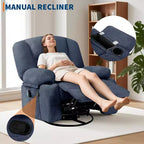 Fauteuil inclinable pivotant à 360° avec chauffage et massage, fauteuil inclinable à bascule manuel, porte-gobelets et poches de rangement, tissu chenille/cuir PU pour salon et chambre à coucher