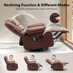 Fauteuil inclinable pivotant à 360° avec chauffage et massage, fauteuil inclinable à bascule manuel, porte-gobelets et poches de rangement, tissu chenille/cuir PU pour salon et chambre à coucher