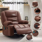 Fauteuil inclinable pivotant à 360° avec chauffage et massage, fauteuil inclinable à bascule manuel, porte-gobelets et poches de rangement, tissu chenille/cuir PU pour salon et chambre à coucher