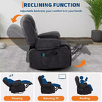 Fauteuil inclinable pivotant à 360° avec chauffage et massage, fauteuil inclinable à bascule manuel, porte-gobelets et poches de rangement, tissu chenille/cuir PU pour salon et chambre à coucher
