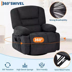 Fauteuil inclinable pivotant à 360° avec chauffage et massage, fauteuil inclinable à bascule manuel, porte-gobelets et poches de rangement, tissu chenille/cuir PU pour salon et chambre à coucher