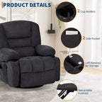 Fauteuil inclinable pivotant à 360° avec chauffage et massage, fauteuil inclinable à bascule manuel, porte-gobelets et poches de rangement, tissu chenille/cuir PU pour salon et chambre à coucher