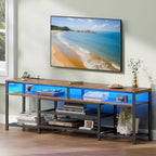 71 Inch Brown TV Stand with Charging Station LED Lights Entertainment Center for TVs up to 80 Inch Media Console Storage Modern Living Room Bedroom
