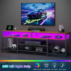 Meuble TV marron de 180 cm avec station de charge et lumières LED, meuble de divertissement pour téléviseurs jusqu'à 80 pouces, console multimédia de rangement, moderne pour salon et chambre.