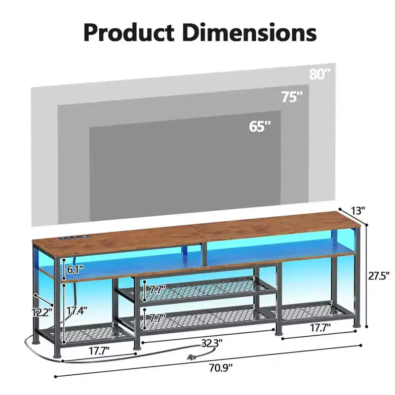 Meuble TV marron de 180 cm avec station de charge et lumières LED, meuble de divertissement pour téléviseurs jusqu'à 80 pouces, console multimédia de rangement, moderne pour salon et chambre.
