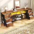 Meuble TV marron de 180 cm avec station de charge, lumières LED, 6 tiroirs en tissu, console multimédia en cuir PU pour téléviseurs jusqu'à 80 pouces, rangement de chambre à coucher