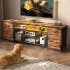 Meuble TV marron de 180 cm avec station de charge, lumières LED, 6 tiroirs en tissu, console multimédia en cuir PU pour téléviseurs jusqu'à 80 pouces, rangement de chambre à coucher