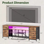 Meuble TV marron de 180 cm avec station de charge, lumières LED, 6 tiroirs en tissu, console multimédia en cuir PU pour téléviseurs jusqu'à 80 pouces, rangement de chambre à coucher