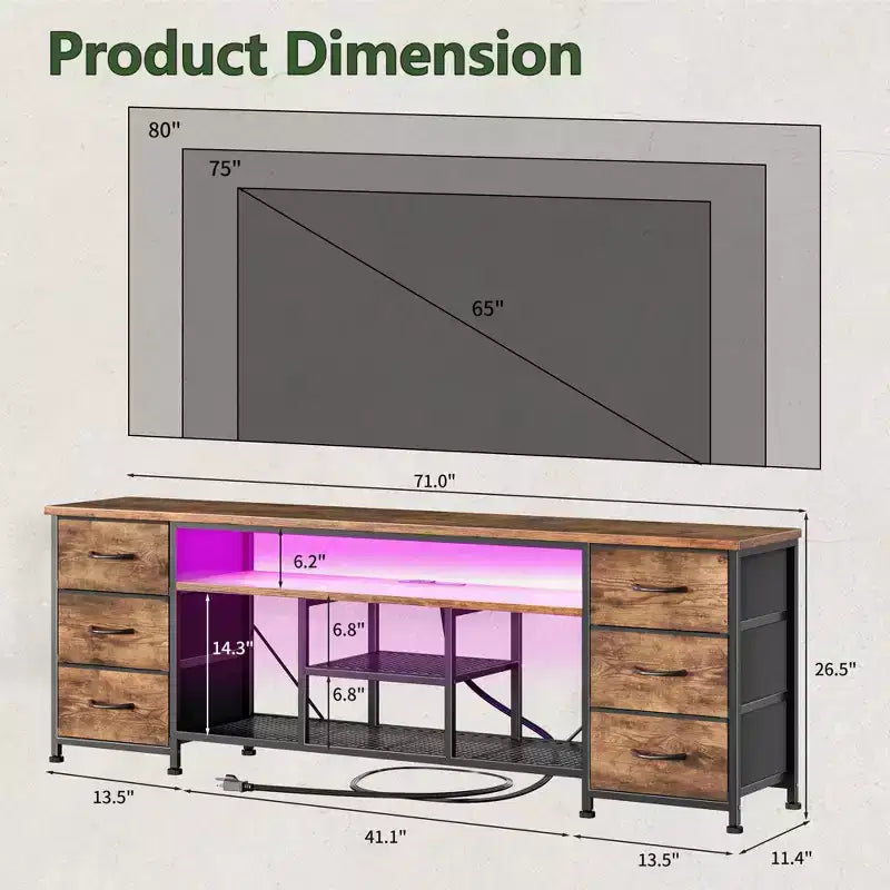 Meuble TV marron de 180 cm avec station de charge, lumières LED, 6 tiroirs en tissu, console multimédia en cuir PU pour téléviseurs jusqu'à 80 pouces, rangement de chambre à coucher