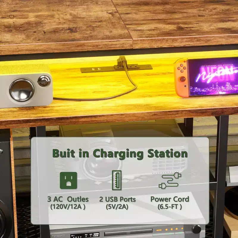 Meuble TV marron de 180 cm avec station de charge, lumières LED, 6 tiroirs en tissu, console multimédia en cuir PU pour téléviseurs jusqu'à 80 pouces, rangement de chambre à coucher