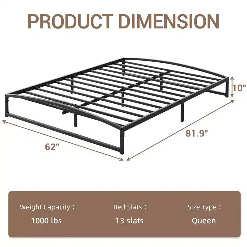 Cadre de lit plateforme en métal Queen Size avec arche, profil de 25,4 cm, lattes robustes